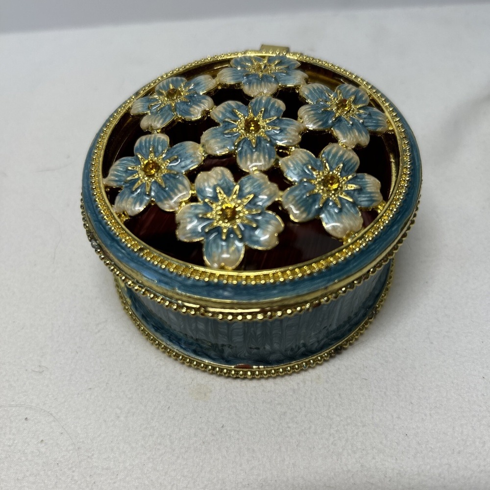 Vintage Enamel Trinket Box Hinged, Jewelery Holder Turquoise Blue Pw8